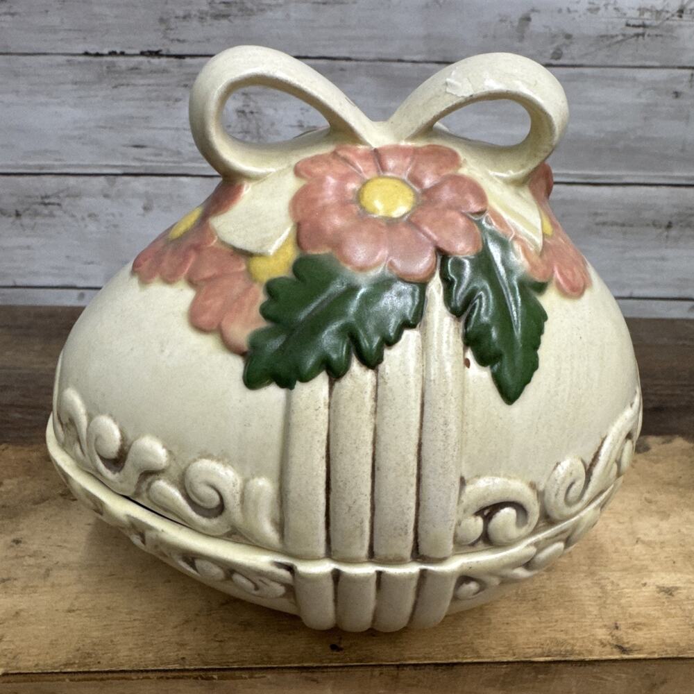 Ceramic Easter Egg Candy Lidded Dish Hand Paintd Floral Pastel 70s Vtg